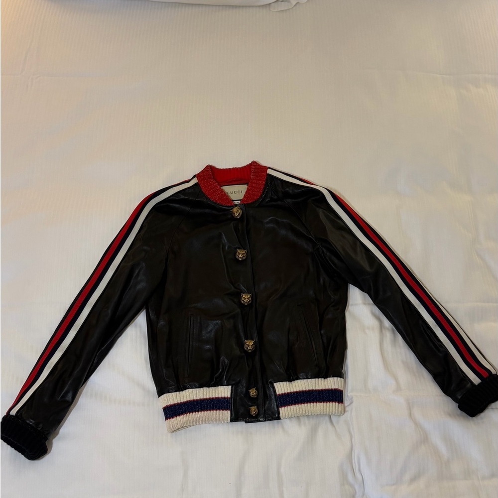 Gucci Black Leather Bomber Jacket with Red and White Stripe Accents